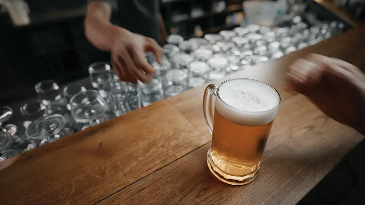 Beer taps along the bar of a busy taphouse