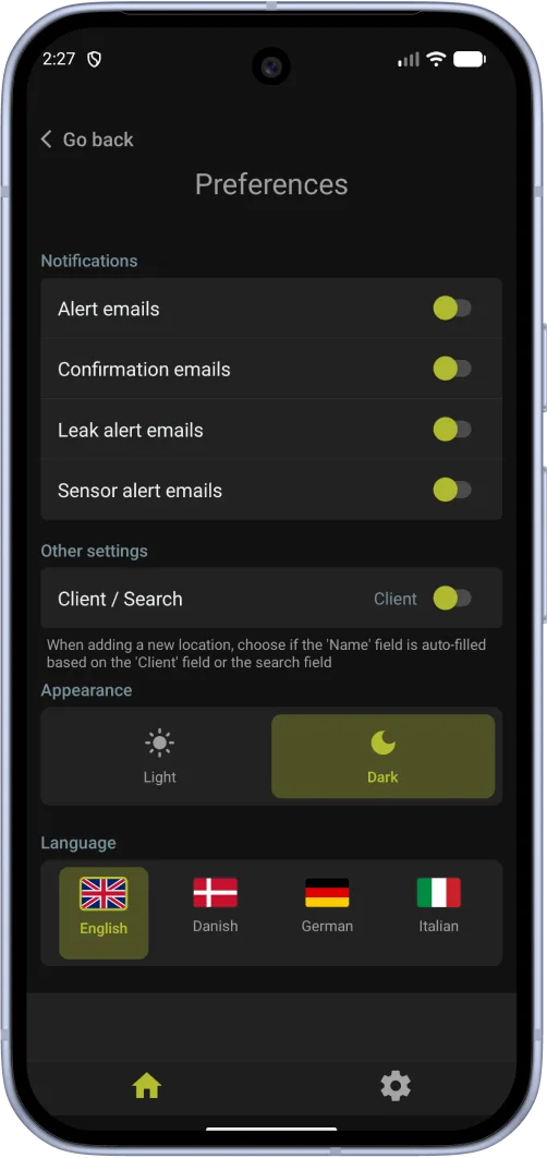 Field Office preferences screen in dark mode with the Appearance switch