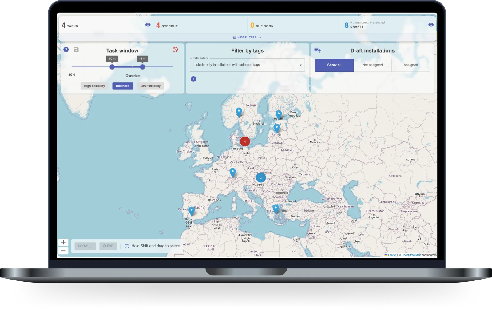 Tasks map showing statistics and draft filters