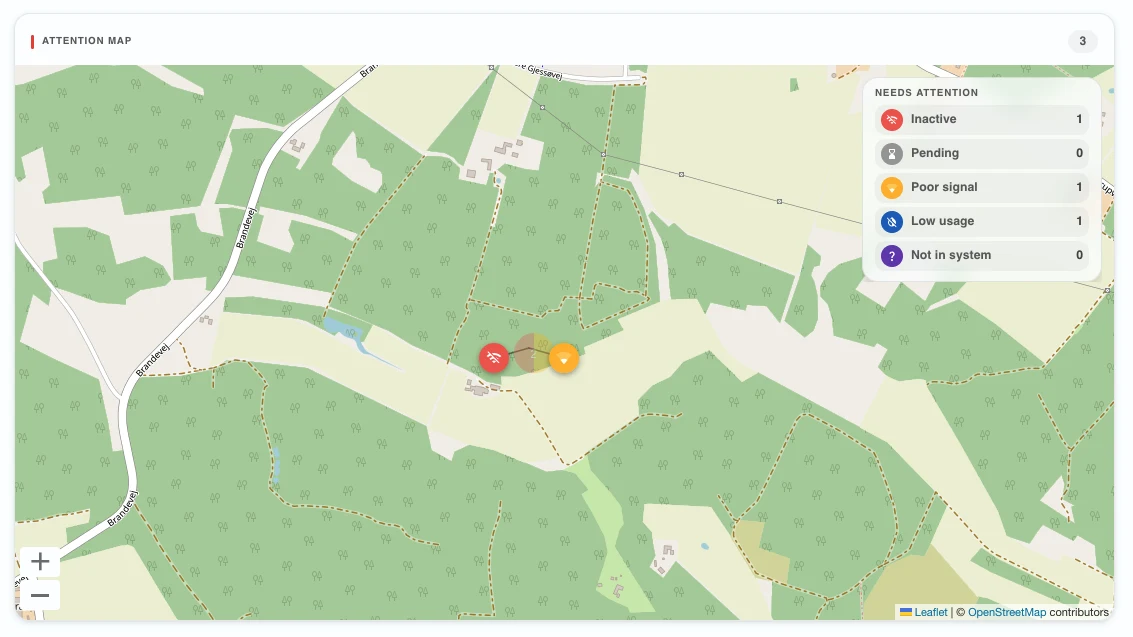 The attention map widget with its legend of inactive, pending, poor signal, low usage and not in system pins