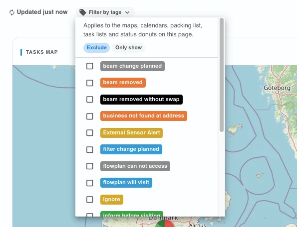 The tag filter menu in the header with Exclude and Only show and the list of company tags