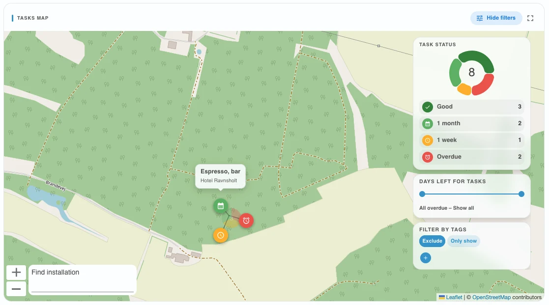 The tasks map with the status donut, days-left slider, tag filters, a hover label and the search box