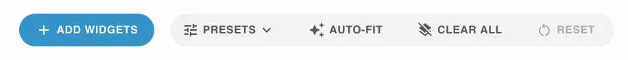 The edit toolbar with add widgets, presets, auto-fit, clear all, reset and done
