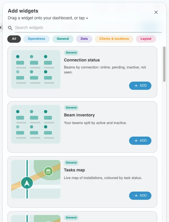 The widget drawer with search, group filters and widget cards