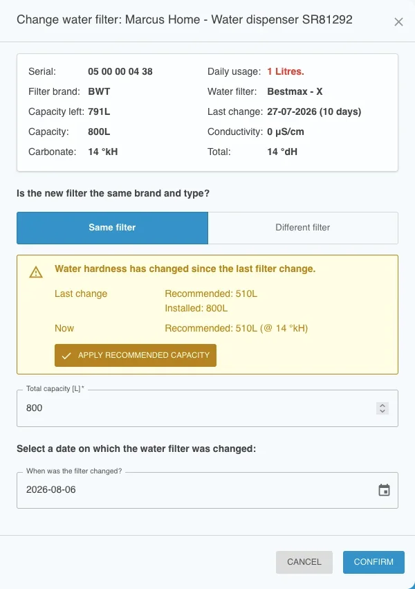 Change water filter dialog with a hardness change warning and an apply recommended capacity button