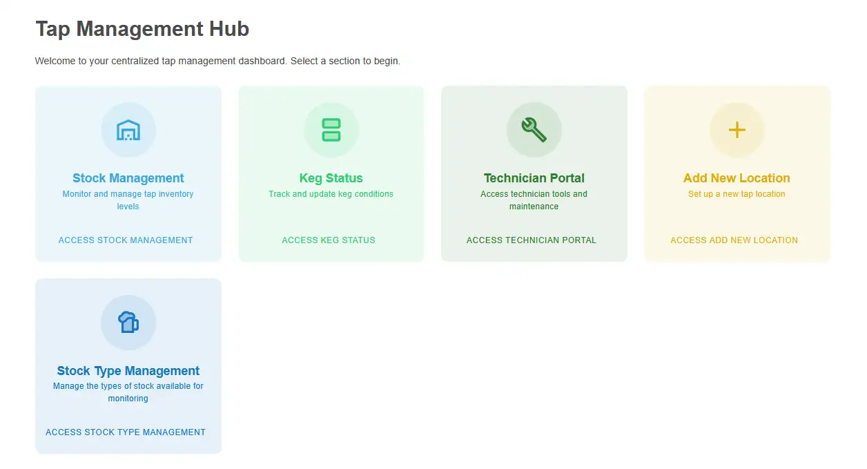 The taps dashboard has been updated with a new section to manage stock types.
