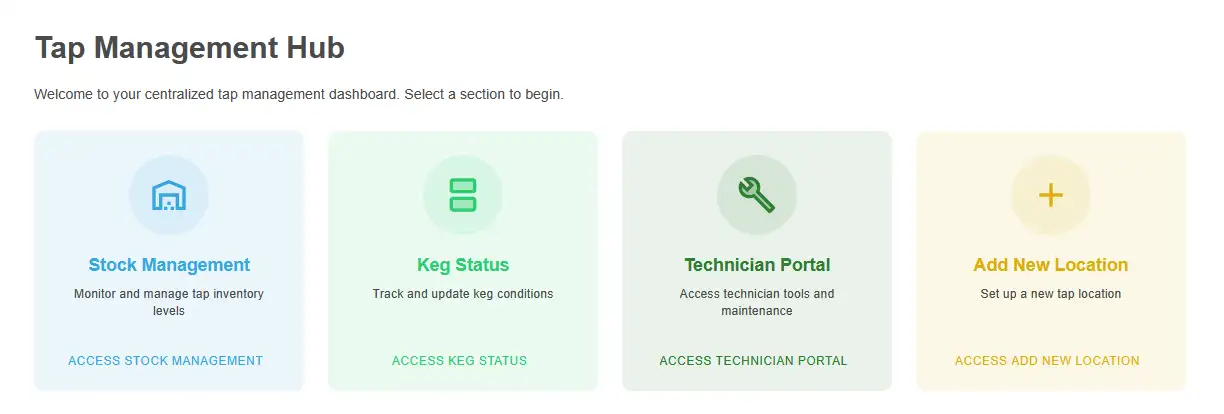The Taps dashboard, which provides entry points to the new sections.