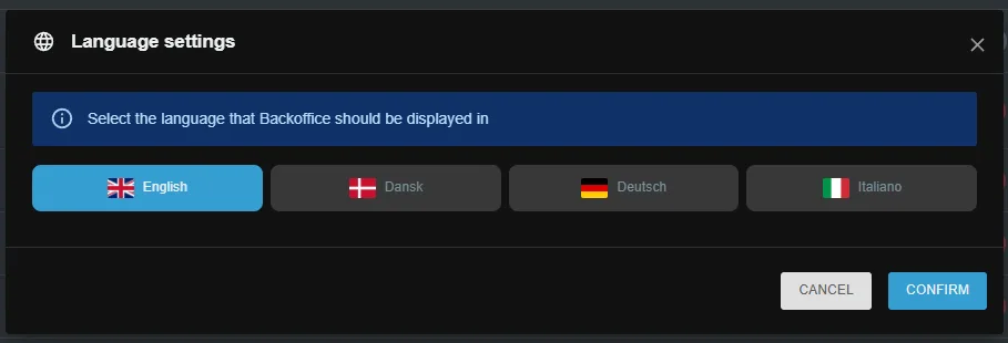 Language settings dialog with English, Danish, German and Italian