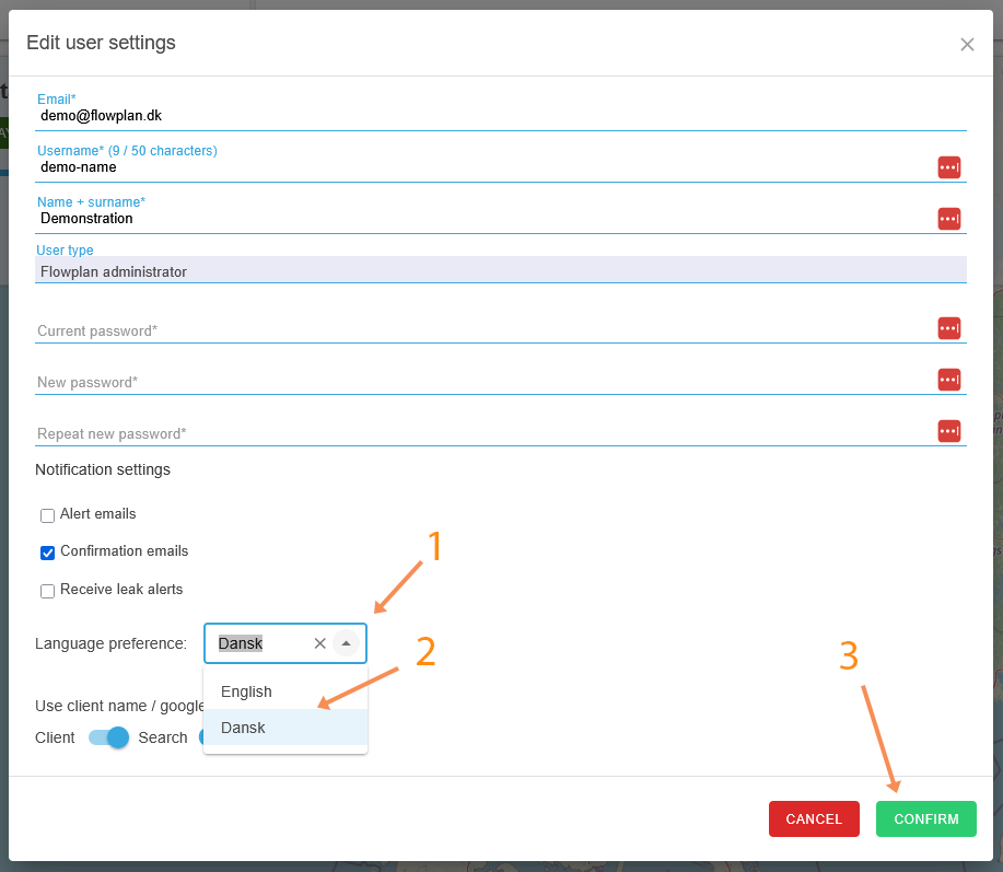 Then select the dropdown in the new dialog window and choose your preferred language.