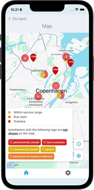 Mobile map view showing installations and a legend explaining the different status colors and excluded installation tags.