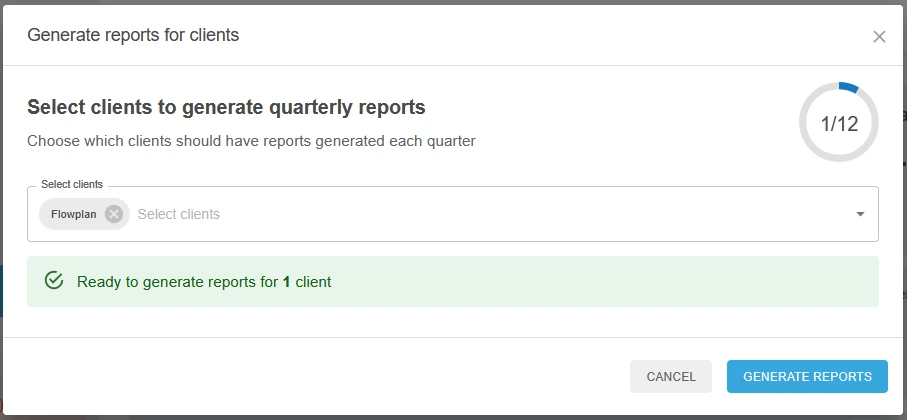 Pick a client, hit Generate reports, give it a minute.