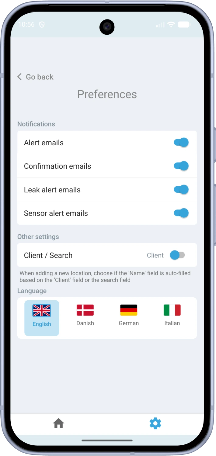 Selecting English language in Preferences screen