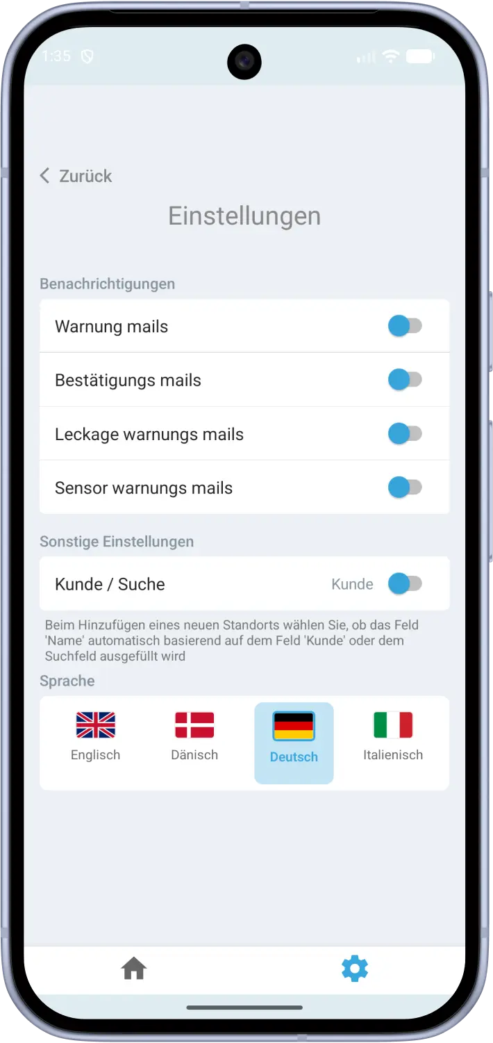 Selecting German language in Preferences screen